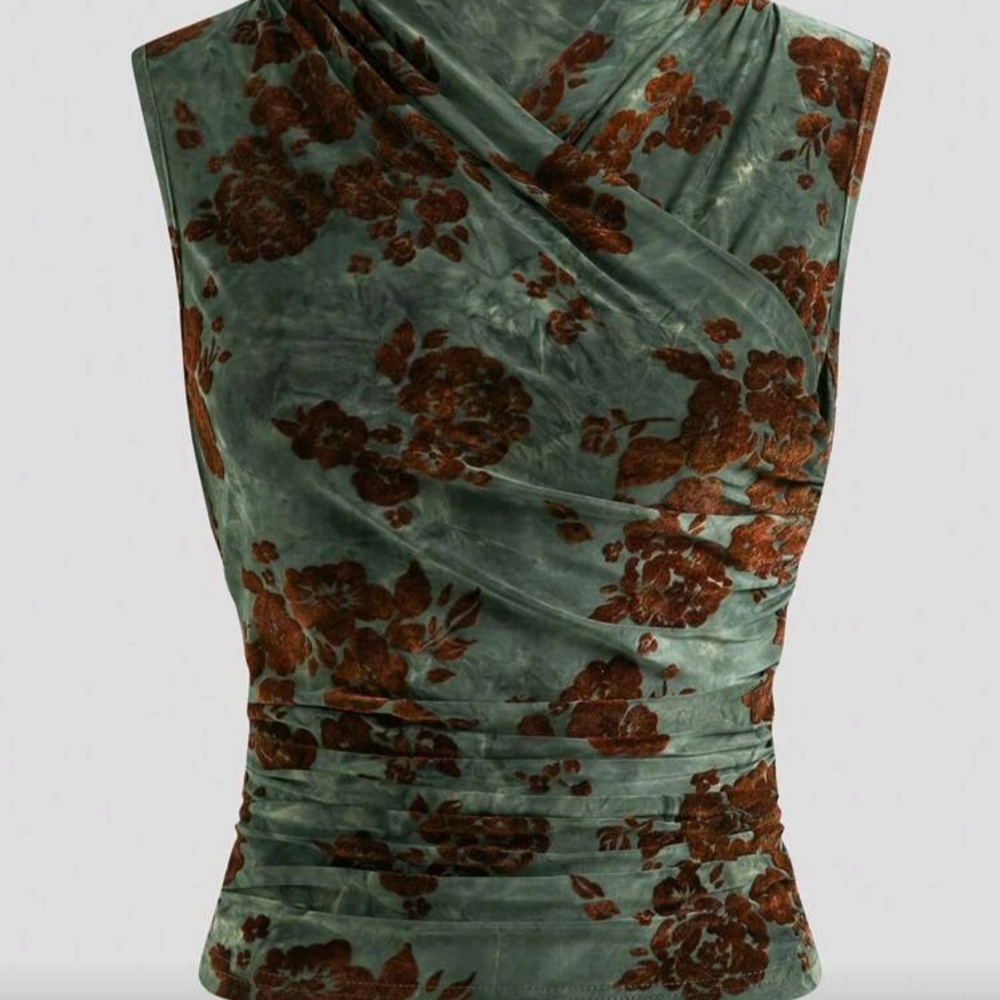 SHEIN Olive and Rust Floral Wrap Blouse